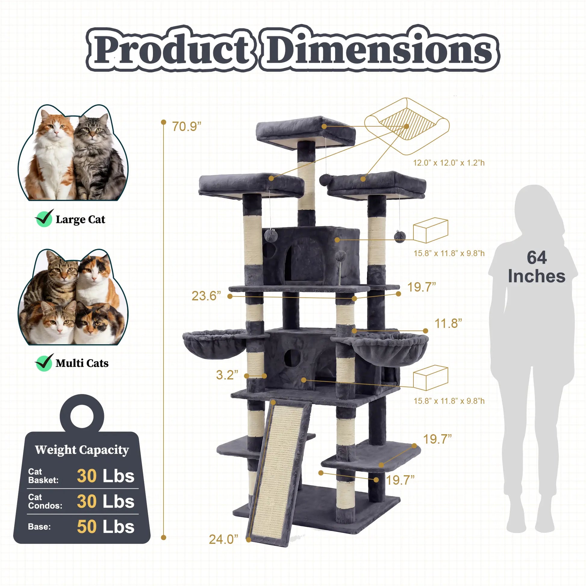 NAVINE 70.9 Inches Multi-Level Big Cat Tree, Multi-Level Cat Tower for Indoor Cats, Cat Trees