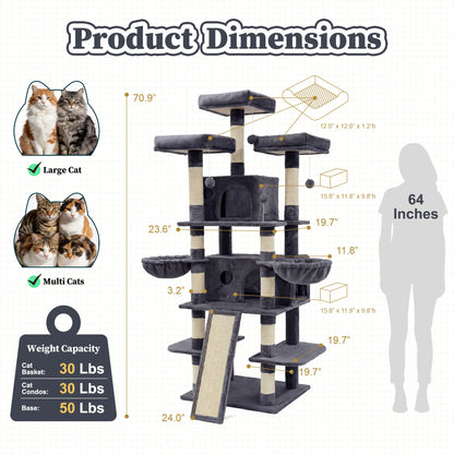 NAVINE 70.9 Inches Multi-Level Big Cat Tree, Multi-Level Cat Tower for Indoor Cats, Cat Trees