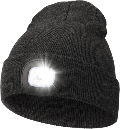 USB Rechargeable Unisex LED Beanie with Integrated Hands-Free Headlamp