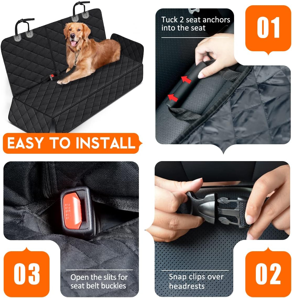 Dog Car Seat Cover - Waterproof and Durable Back Seat Protector for Pets (53" Width) - Black