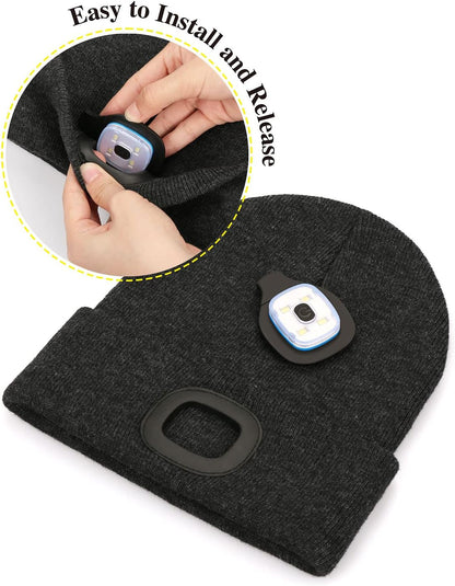 USB Rechargeable Unisex LED Beanie with Integrated Hands-Free Headlamp
