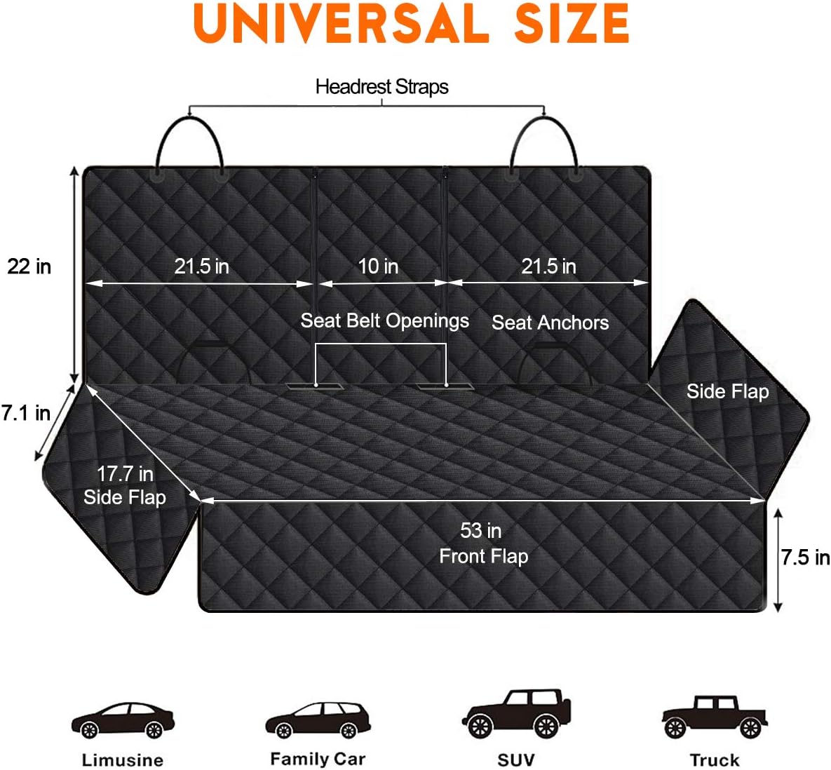 Dog Car Seat Cover - Waterproof and Durable Back Seat Protector for Pets (53" Width) - Black