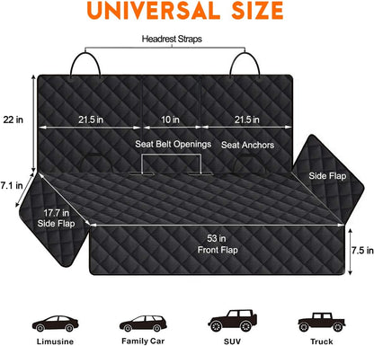 Dog Car Seat Cover - Waterproof and Durable Back Seat Protector for Pets (53" Width) - Black