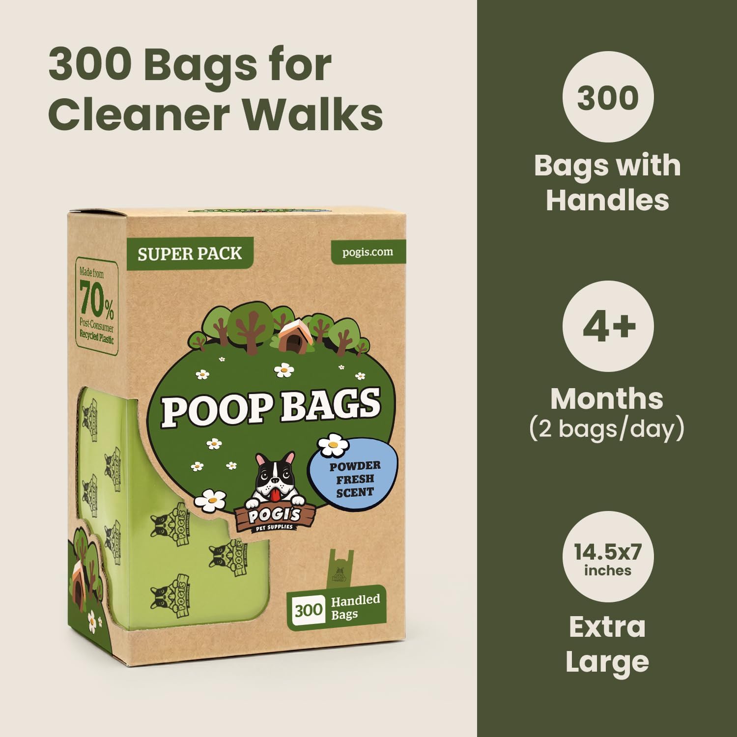 Pogi's Premium Dog Waste Bags with Handles – Extra-Thick, Leak-Proof, Large Size, Fresh Scent, 300-Count