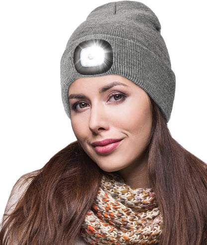 USB Rechargeable Unisex LED Beanie with Integrated Hands-Free Headlamp