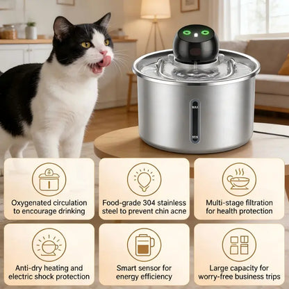 Cfume 2026 Smart Infrared Sensor Automatic Water Dispensing Fountain for Cats - 304 Stainless Steel, 3L Capacity, 5000mAh Pump-Free Design with 4-Layer Filtration, Ultra-Quiet Operation, Dry-Burn Prevention, and Water Level Indicator