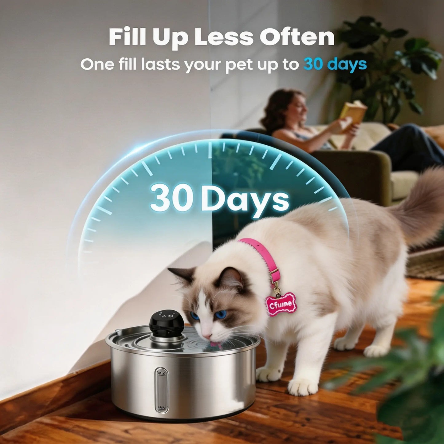 Cfume 2026 Smart Infrared Sensor Automatic Water Dispensing Fountain for Cats - 304 Stainless Steel, 3L Capacity, 5000mAh Pump-Free Design with 4-Layer Filtration, Ultra-Quiet Operation, Dry-Burn Prevention, and Water Level Indicator