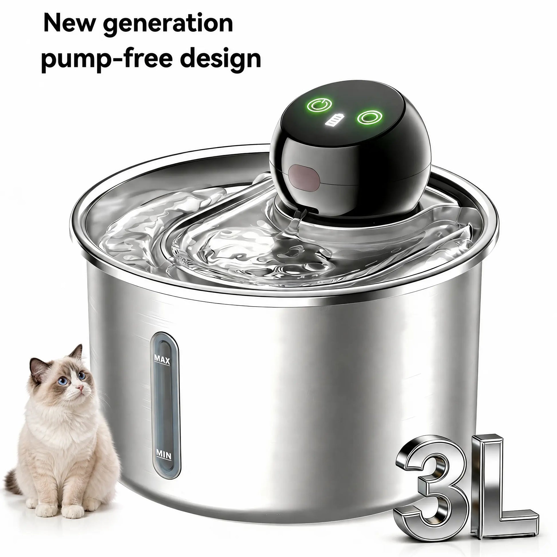 Cfume 2026 Smart Infrared Sensor Automatic Water Dispensing Fountain for Cats - 304 Stainless Steel, 3L Capacity, 5000mAh Pump-Free Design with 4-Layer Filtration, Ultra-Quiet Operation, Dry-Burn Prevention, and Water Level Indicator